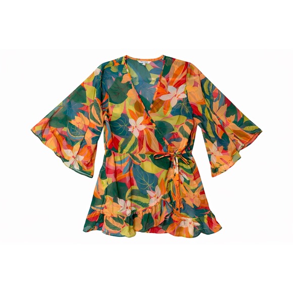 Blue Island Faux Wrap Kimono Cover Up Tropical Floral Print Beach Resort Medium - Picture 8 of 8